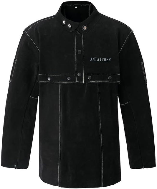 ANTAITHER Leather Welding Jacket with Open Back, Bib Apron with Cape Sleeve, Heat Flame Resistant Welder Coat