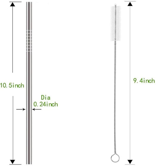 Set of 10 Stainless Steel Straws, HuaQi Straight Reusable Drinking Straws 10.5'' Long 0.24‘’ Dia for 30 oz Tumbler and 20 oz Tumbler, 2 Cleaning Brush Included (10 Straight Straw + 2 Brushes)