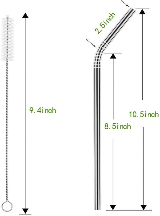 Set of 10 Stainless Steel Straws, HuaQi Bent Reusable Drinking Straws 10.5'' Long 0.24‘’ Dia for 30 oz Tumbler and 20 oz Tumbler, 2 Cleaning Brush Included (10 Bent Staw + 2 Brushes)