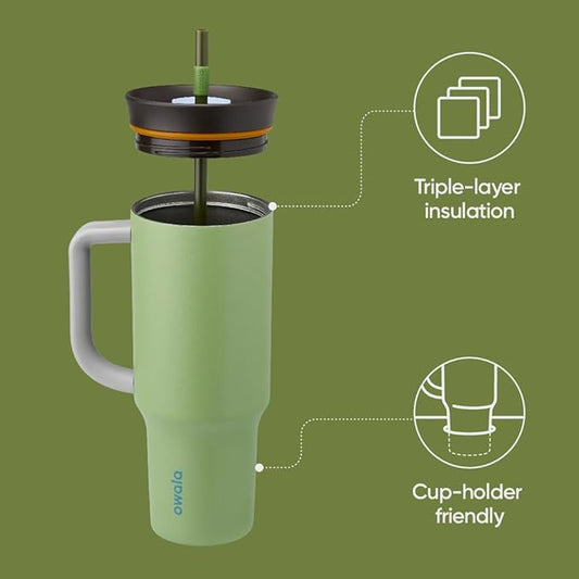 Owala Stainless Steel Triple Layer Insulated Travel Tumbler with Spill Resistant Lid, Straw, and Carry Handle, BPA Free, 40 oz, Green (Brave Adventures) (Pack of 6)