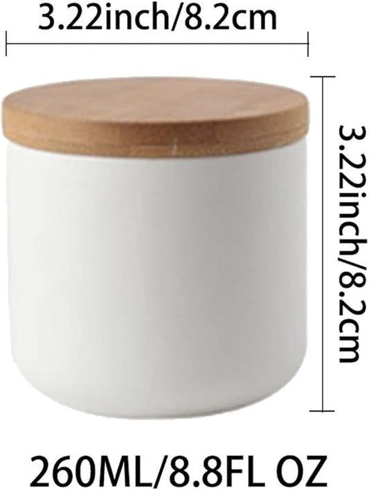 Ceramics Food Storage Jar Canister with Airtight Seal Bamboo Lid, Simple Style Kitchen Canister for Food Storage, Store Coffee, Sugar, Tea, Spices and More (White (8.79oz/260ml))