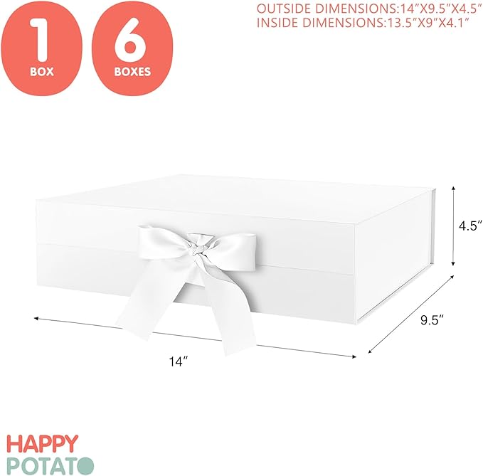 HAPPY POTATO Large Gift Box with Lid 13.5x9x4.1 Inches, White Gift Box with Ribbon, Magnetic Gift Boxes for presents (Glossy White)
