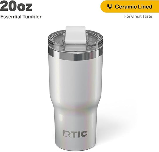 RTIC 20oz Essential Tumbler with Lid, Ceramic Lined, Insulated, Stainless Steel, Metal, Double Wall Vacuum-Insulation, Travel Cup for Iced Coffee, Tea, Hot and Cold Drink, Cool Grey Glitter