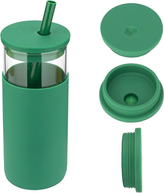 Tronco 20 oz Glass Tumbler With Lids and Straws, Reusable Smoothie Cups With Silicone Lid, Iced Coffee Cup With Silicone Protective Sleeve, Dishwasher Safe- BPA Free(Blackish Green 1 Count)