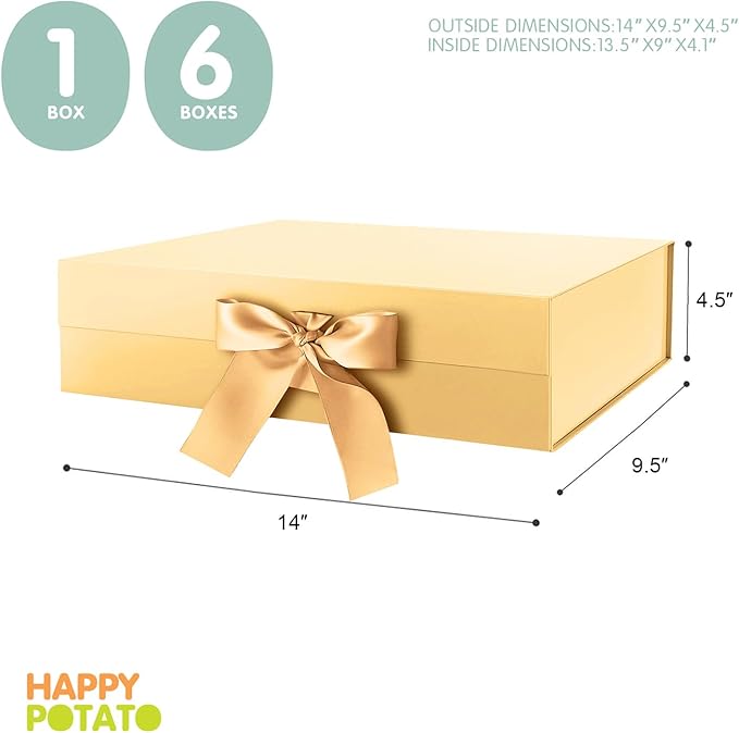 HAPPY POTATO Large Christmas Gold Gift Box with Lid and Ribbon 13.5x9x4.1 Inches, Bridesmaid Proposal Boxes, Magnetic Easter Gift Box for presents (Glossy Gold)
