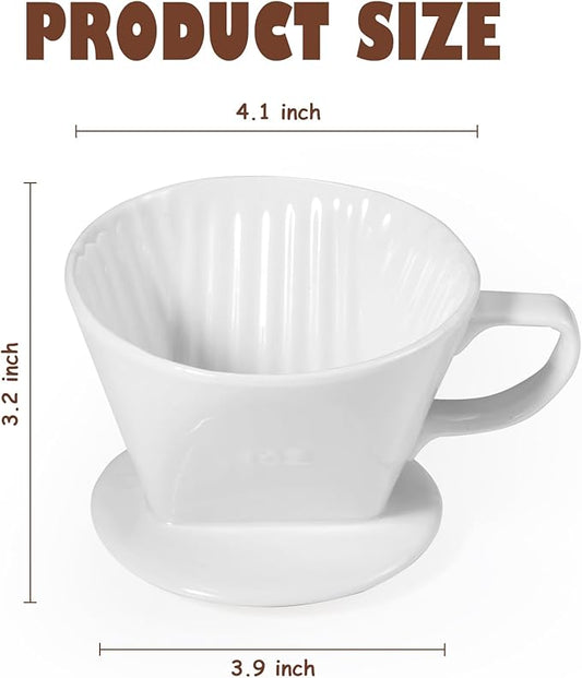 Pour Over Coffee Dripper, Ceramic Pour Over Coffee Maker with 3 Holes Flat Bottom, Easy Manual Brew Maker, Porcelain Slow Filter Cone for Travel, Camping, Office, Home, WH