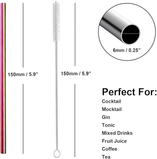 Metal Straws Short Small Mini Stainless Steel Reusable Drinking Straw for Kids Juice Cocktails Coffee Bar Party Home Office Restaurant, 150mm Length with Cleanning Brush, Colorful 16PCS