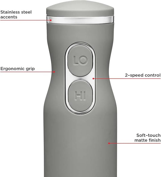 Chefman Immersion Stick Hand Blender with Stainless Steel Blades, Powerful Electric Ice Crushing 2-Speed Control Handheld Food Mixer, Purees, Smoothies, Shakes, Sauces & Soups, Grey