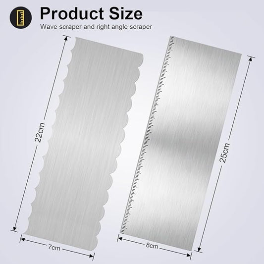 2Pcs Stainless Steel Cake Scraper - 8.6 Inch Double Sided Patterned Edge Stripe Smoother Scraper, Cake Smoother for Icing Mousse Butter Cream, Cake Decorating Comb Measuring Tool