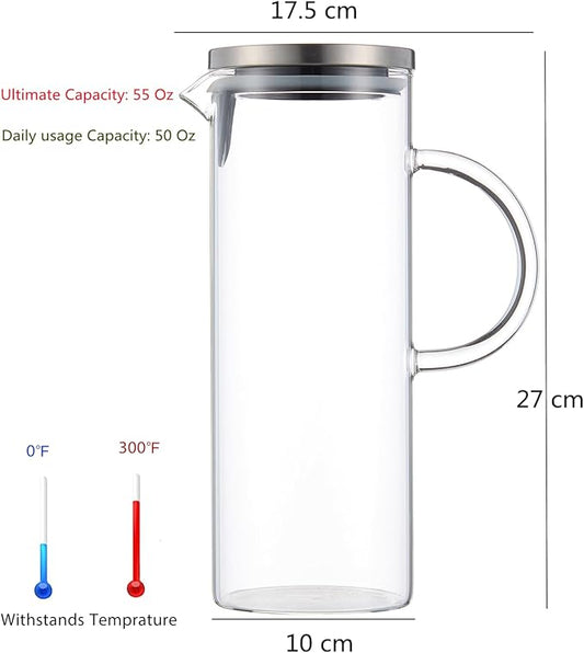 Karafu Pitcher, Glass Pitcher with Handle and Lid, 50 Oz Handmade Water Jug for Hot/Cold Water, Ice Lemon Tea and Juice Beverage