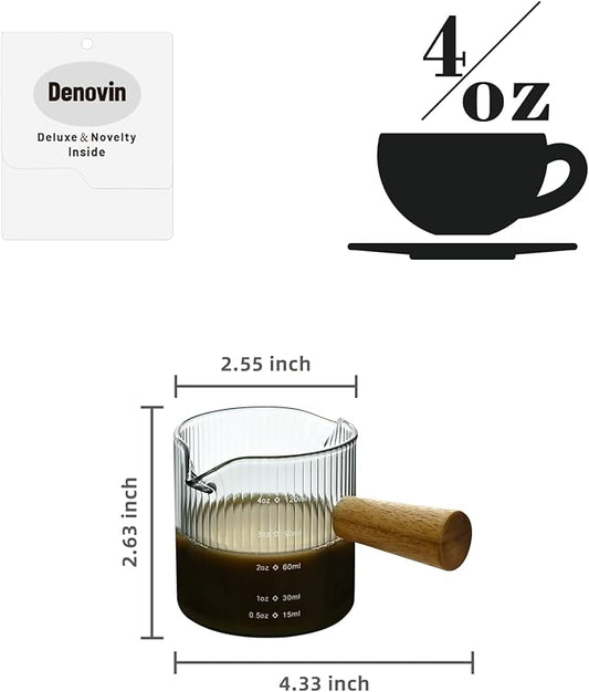 Glass Measuring Cup, 4oz Espresso Shot Glass with Wood Handle, Double Spouts Measuring Triple Pitcher Milk Cup for Coffee Tea (Gray Ribbed)
