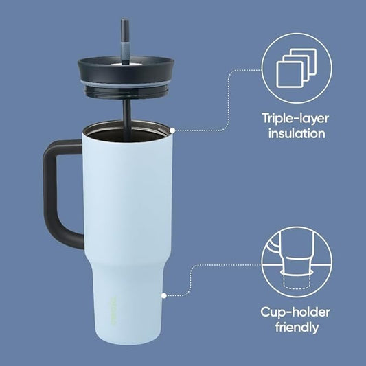 Owala Stainless Steel Triple Layer Insulated Travel Tumbler with Spill Resistant Lid, Straw, and Carry Handle, BPA Free, 40 oz, Blue (The Great Blue) (Pack of 6)