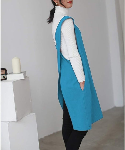 Cotton Linen Japanese Apron Halter Cross Back Bandage X Shape Aprons Two Pockets