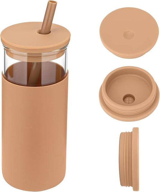 Tronco 20 oz Glass Tumbler With Lids and Straws, Reusable Smoothie Cups With Silicone Lid, Iced Coffee Cup With Silicone Protective Sleeve, Dishwasher Safe- BPA Free(Coffee 1 Count)