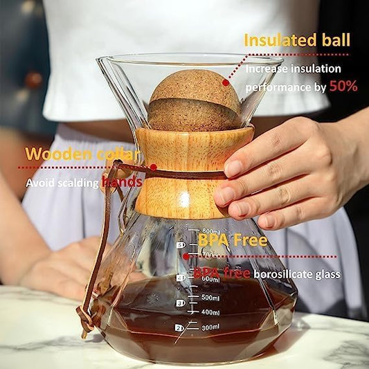 Pour Over Coffee Maker With Wood Sleeve,13.5oz/400mlPour Over Coffee Dripper,Pour Over Coffee Maker Set With Cork Stopper (13.5oz/400ml)