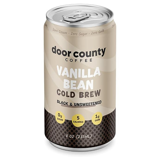 Door County Coffee Vanilla Bean Ready to Drink Canned Cold Brew - 8oz - 6 Pack - Cold Pressed Coffee, 5 Calories, Bold & Rich, Flavorful, 145mg Natural Caffeine