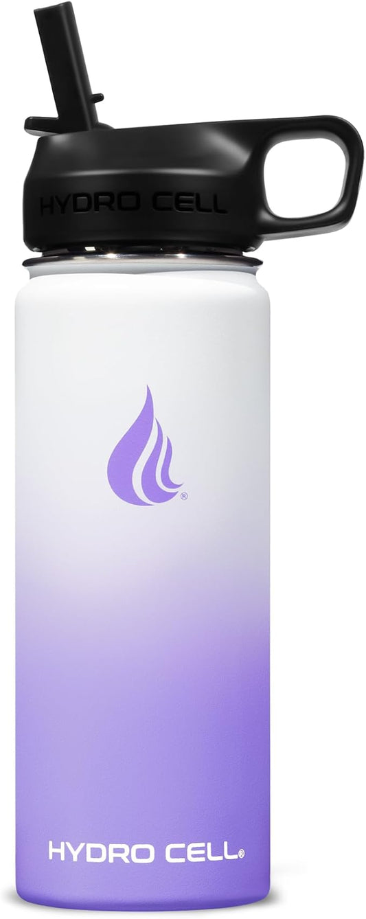 HYDRO CELL Stainless Steel Insulated Water Bottle with Straw - For Cold & Hot Drinks - Metal Vacuum Flask with Screw Cap and Modern Leakproof Sport Thermos for Adults (Lavender/White 18oz)