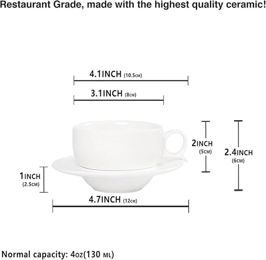Italian Style Porcelain Espresso Cup Set - 4 Demi Tasse Cups, 4 oz Each
