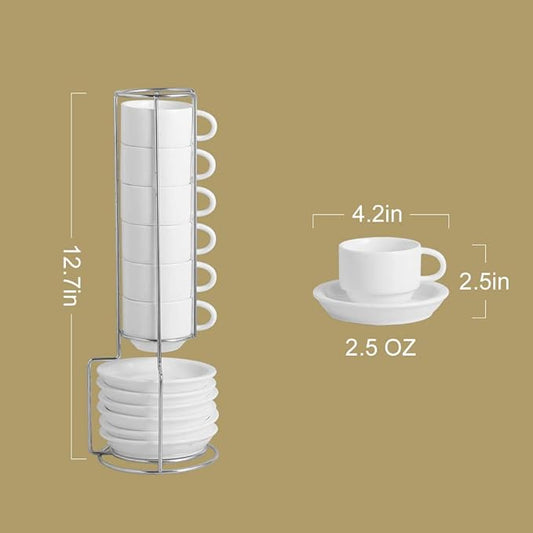 Sweejar Porcelain Espresso Cup & Saucer Set, Stackable Demitasse Cups with Metal Stand, 2.5 OZ for Latte,Coffee,Cafe Mocha,Tea, Set of 6(Multi)