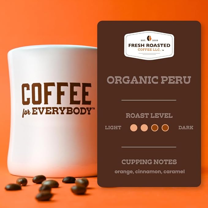 Fresh Roasted Coffee, Organic Peru | Mold & Myco 3rd Party Tested, USDA Organic, Kosher | Med Roast 12 oz Whole Bean