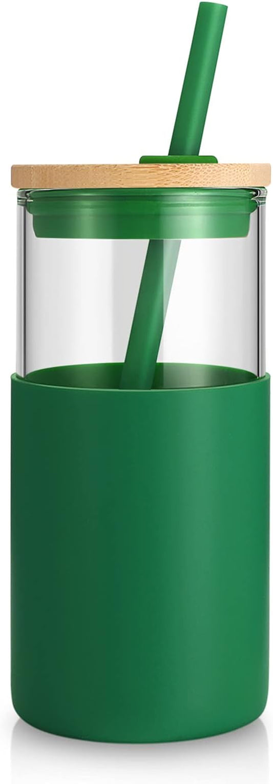 Tronco 16 oz Glass Tumbler with Straw and Bamboo Lid, Iced Coffee Cup Reusable, Smoothie Cups, Tumbler with Silicone Protective Sleeve - BPA Free
