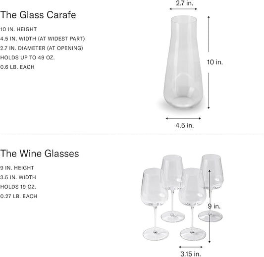 Fable Premium Wine Set - Includes 4 Crystal Wine Glasses and 1 Durable Glass Carafe - Dishwasher Safe Crystalware Bundle with Matching Carafe, Clear