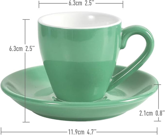 Porcelain Espresso Cup with Saucer And Stainless Steel mini Spoons, Espresso shot Cup, 80ml/2.7Oz, Pack of 2, Cyan