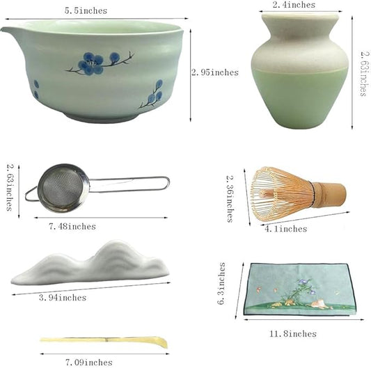 matcha whisk set, including matcha bowl, matcha whisk and stand, sieve, spoon, cloth mat, gift for matcha set(Light green)