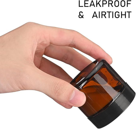 2 oz Round Amber Glass Jars, Bumobum 70 pack Cream Jars with Black Lids, Black and White Labels & Inner Liners, Empty Cosmetic Containers for Cream, Lotion