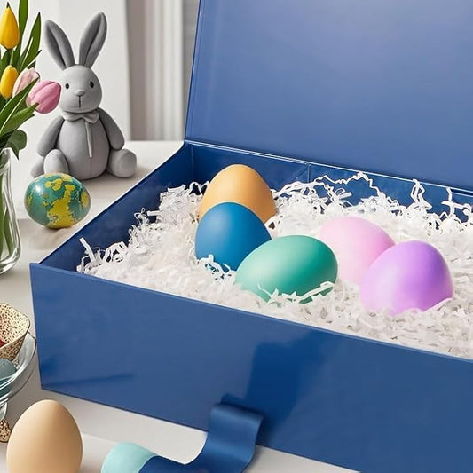 HAPPY POTATO 5 Large Gift Boxes with Ribbon 13.5x9x4.1 Inches, Blue Gift Boxes with Lids, Groomsmen Proposal Boxes, Magnetic Boxes for presents (Glossy Blue, Pack of 5)