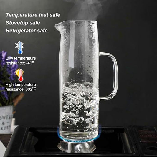 Joeyan 1.5 Liter 51oz Glass Pitcher with Lid, Fridge Door Glass Water Jug, Easy Clean Heat Resistant Water Carafe for Hot and Cold Beverages,Coffee, Iced Tea & Juice, Including Long-Handled Brush