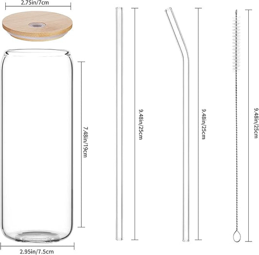 6 Pack 24oz Drinking Glasses Iced Coffee Cups Can Tumbler Glasses with Bamboo Lids and Straws Tumbler Glasses Cups Can Shaped Glass Gups Large Drinking Can Cups for Boba Smoothies Soda Juice Tea