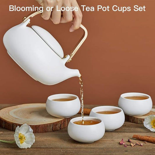 ZENS Modern Japanese Tea Set, 27 oz Ceramic Japanese Teapot with Fine Stainers and 4 Cups for Loose Leaf Tea Steeper, Wood Handle Matte Japanese Teapots Hot Tea Brewer for Tea Party Women Gifts