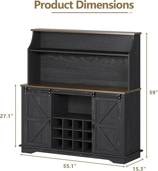 55 Inch Farmhouse Coffee Bar Cabinet with 3-Tier Storage, Kitchen Hutch with 12 Wine Racks & 3 Glass Holders, Coffee Bar with 6 Hooks, Wine Bar Cabinet for Dining Living Room, Black
