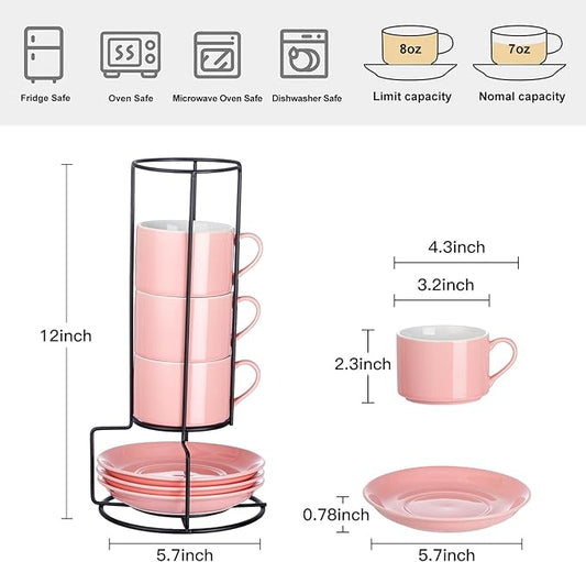 8oz Porcelain Stackable Cappuccino Cups with Saucers and Metal Stand Set of 4, Coffee Cups for Espresso, Specialty Coffee Drinks, Latte, Americano and Tea - Pink
