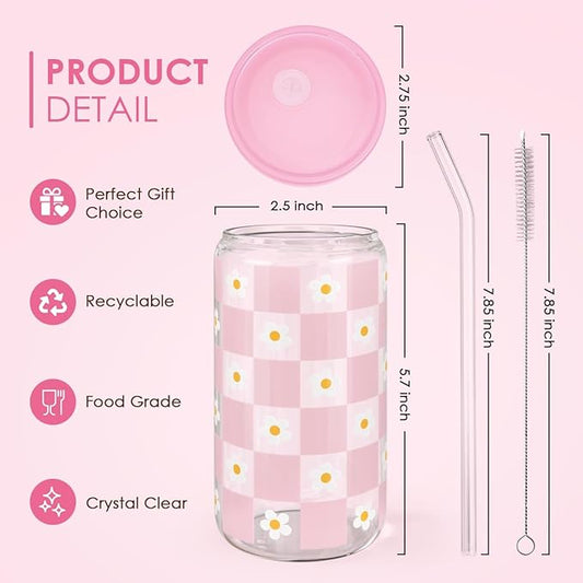 SANDJEST Checkerboard Daisies Glass Can, Floral Checker Cup with Lid & Straw, Iced Coffee Aesthetic Cups, Gift for Christmas Birthday Mother Day, Gifts for Women, 16oz