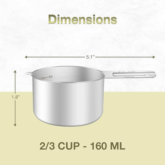 1PCS 2/3Cup (160ml, 5.3oz) Single Measuring Cup, Etched Inner Scale Stainless Steel Measure Scoop, Metric and US Measurement, Dishwasher Safe