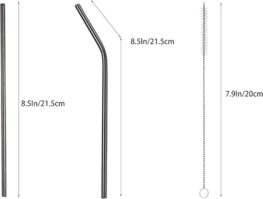 10 Pcs Stainless Steel Straws, Reusable Drinking Straws, 5 Straight + 5 Bent Metal Straws Set With 2 Pcs Cleaning Brushes (Black, 8.5 Inch)