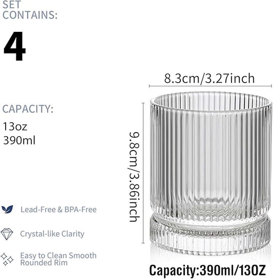 Ribbed Glass Cups Set, 390ml Vintage Drinking Glassware Set of 4, Cocktail Glasses, Low Ball Ribbed Glassware, Mixed Glassware Set, Premium Whiskey Glasses, Ideal for House of Glass