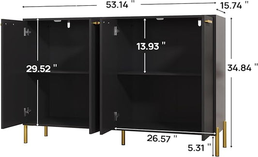 Black Fluted Sideboard Cabinet - Luxury Buffet Table with 4 Doors, Large Coffee Bar Station for Living Room, Kitchen, Hallway, Entryway Storage
