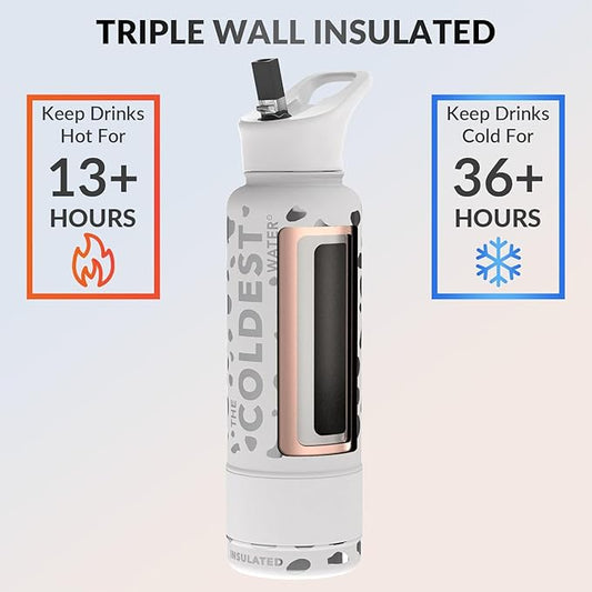 Coldest Insulated Water Bottle with Straw Lid - Stainless Steel Metal Insulated Bottle for Men & Women (Silver Leopard, 40 oz)