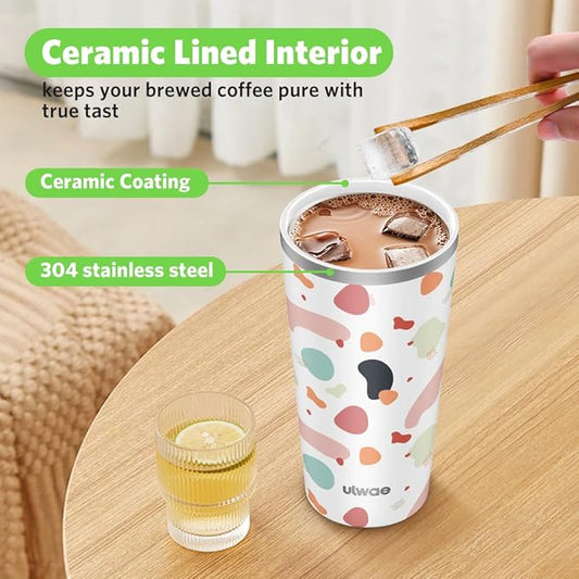 Insulated Coffee Mug with Ceramic Coating, 18oz Travel Mug with Leak-proof Lid, Vacuum Double-wall Tumbler, Stainless Steel Thermal Cup for Tea, Hot Cocoa, Cold Beverage, Ice Drinks