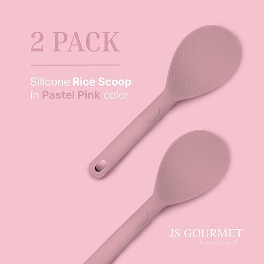 Silicone Rice Paddle Set – 2-Piece Set of Spoon Spatulas for Non-Stick Cookware – Kitchen Tools and Accessories with Comfortable Handles, Heat-Resistant Utensils for Cooking and Baking – Pastel Pink