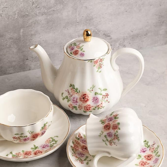 Porcelain Tea Sets British Royal Series, 8 OZ Cups & Saucer Service for 6, with Teapot Sugar Bowl Cream Pitcher Teaspoons and Tea Strainer, Suitable for High Tea, Wedding, Party(Rose Flower)