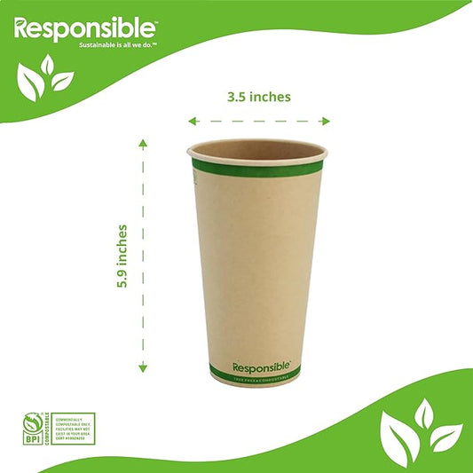 20 oz Paper Hot Cups, Tree-Less™ Compostable Paper Coffee Cups, Extra Strength, Tree-Free and Made Without PFAS, Natural Brown (1000 Count)