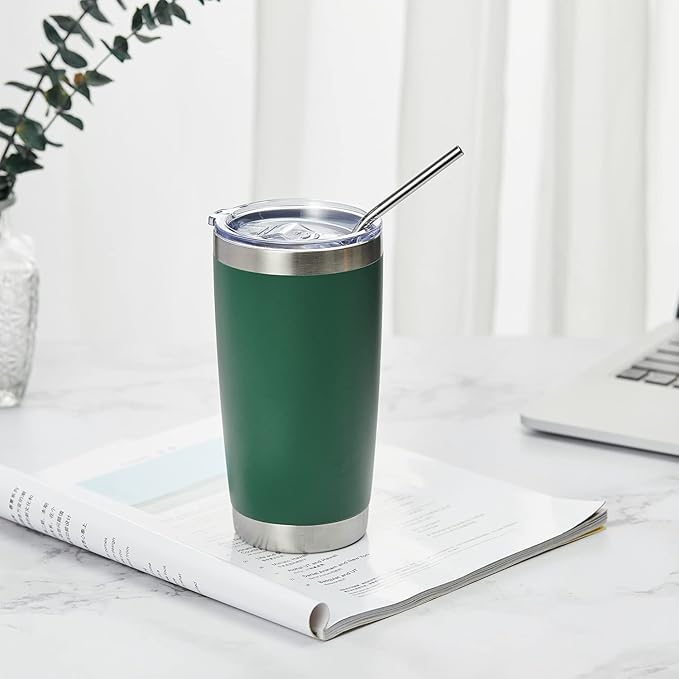 COMOOO 20oz Double Wall Vacuum Insulated Travel Mug, Stainless Steel Tumbler with Lid and Straw Durable Powder Coated Insulated Coffee Cup for Cold & Hot Drinks(Dark Green, 1 Pack)