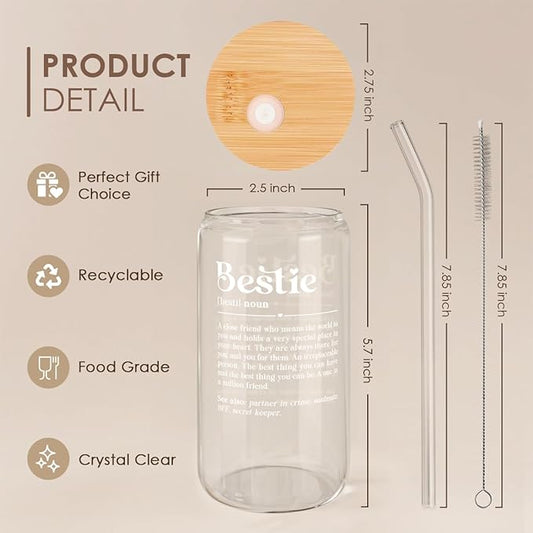 SANDJEST Best Friend Glass Can, Besties Definition Cup with Lid & Straw, Iced Coffee Aesthetic Cups, Gift for Christmas Birthday Mother Day, Gifts for Women Friends Sisters, 16oz