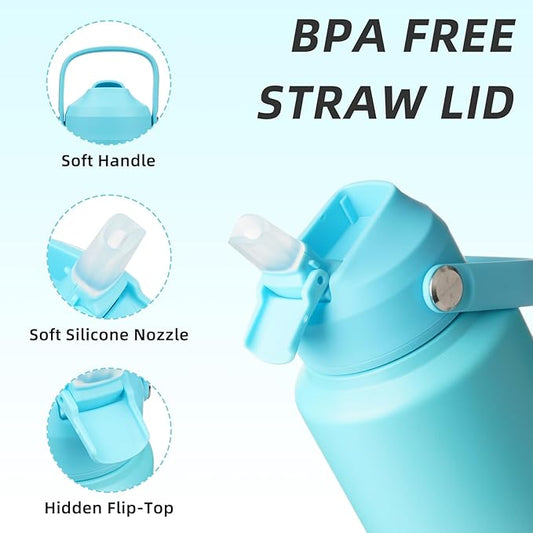 BJPKPK Water Bottle with Straw Lid, 32oz Vacuum Insulated Water Bottles, Metal Stainless Steel Thermos for Sports, Travel, BPA Free Leak Proof Thermos, Cups, Flasks, Tumblers,Sea Salt