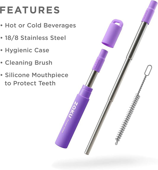 ZOKU Reusable Metal Straw with Case for Travel, Purple - Collapsible Stainless Steel Drinking Straw with Silicone Tip and Cleaner Brush, Ideal for Key Chains, Pockets, Purses