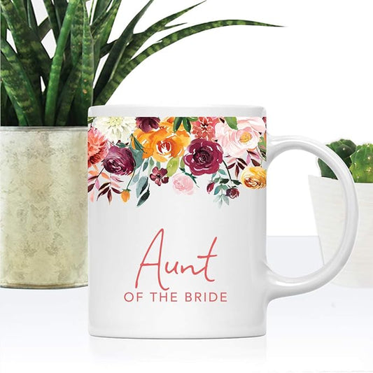 Andaz Press 11oz. Wedding Ceramic Coffee Tea Mug Gift, Fall Autumn Burgundy Orange Peach Flowers Roses Florals, Aunt of the Bride, 1-Pack, Includes Gift Box